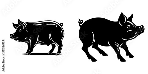 A meat business or shop can utilize this logo template, which includes a modern illustration of a pig in a retro style, set against a white background with a black silhouette