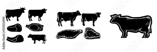 A vintage poster for a butcher shop featuring a cow silhouette isolated on a white background showcases various cuts of beef, including meat cuts, in a modern illustration style with a retro diagram