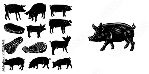 A butcher shop's vintage poster features a retro diagram with a pig silhouette isolated on white, showcasing cuts of pork and various meat cuts in a modern illustration