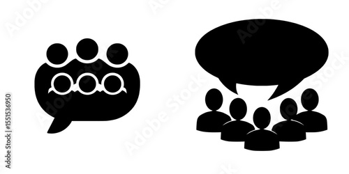 A chat icon formed by a crowd of individuals is set against a plain white backdrop in this contemporary illustration
