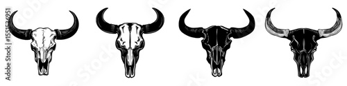 A modern illustration of a bison skull is hand drawn with the buffalo cranium isolated on a white background in black