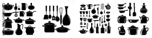 A collection of glassware, kitchenware, and cookware is depicted in a set of black silhouettes of kitchen utensils or tools for home cooking isolated on a white background in a monochrome modern