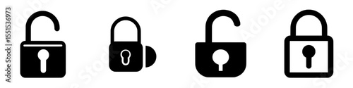 A white background features a black isolated outline icon depicting both locked and unlocked lock options, as part of a set of line icons for padlocks