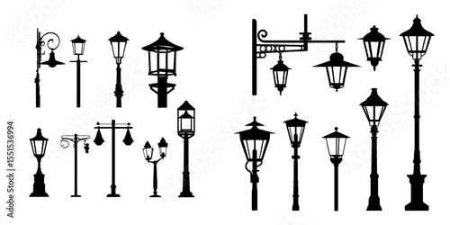 Retro-style street lantern outlines are showcased in a modern set, isolated on a white background, and can be utilized as a wall sticker or design graphic