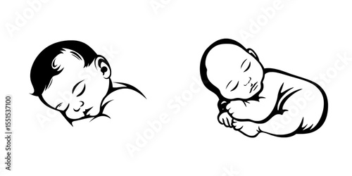 Hand-drawn line art of a cute newborn baby lying down and sleeping, set against a plain white background in a modern illustration