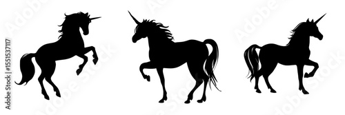 A modern illustration of a unicorn's black silhouette set against a white background, rooted in animal mythology