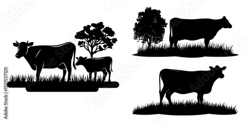 The illustration is a modern, realistic representation of two cows in silhouette, grazing on a lush pasture with trees, set against a pristine white background