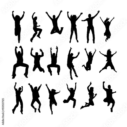 Many different jumping people appear as silhouettes in a seamless pattern isolated on a white background