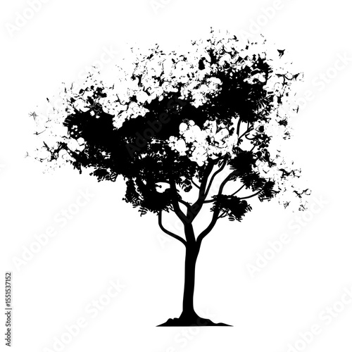 The image showcases a modern illustration of a golden tree with lush foliage and yellow flowers isolated on a white background
