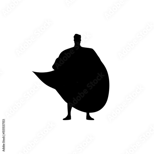 Modern artwork features a silhouette illustration of a posing superhero with a red cape