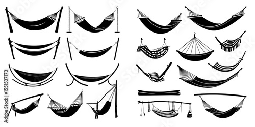 A bundle of hammocks varying in type, presented on a clean white background, serves as a modern decorative illustration highlighting summer recreation and relaxation
