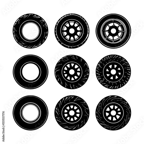 The illustration set showcases car tire tread tracks, wheel tires, dirty tires tracks, and icons of motorcycle racing wheels in a modern style