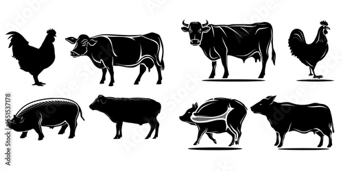 Diagrams of meat cuts, including those from a cow, chicken, pig, and sheep, are depicted in silhouette form on a white background, perfect for designing vintage posters with a modern aesthetic for a