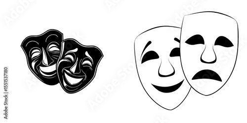 Theatrical masks representing comedy and tragedy are depicted on a plain white background