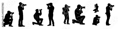 Create realistic outlines of a male photographer in standing and kneeling positions with a camera, set against a white background in a modern style
