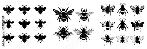 A collection of bumblebees, shown from various perspectives, is set against a plain white backdrop in this contemporary illustration