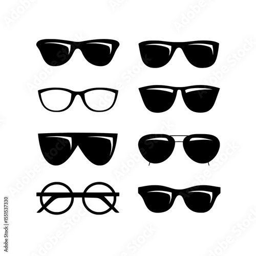 The modern set consists of isolated symbols, including icons for sunglasses like black sunglass, mens glasses silhouette, retro eyewear icon, as well as polarized geek glasses and hipster sun lens