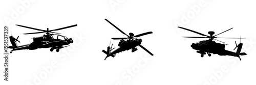 A contemporary depiction of an apache helicopter's silhouette is shown isolated on a white background, rendered in high quality