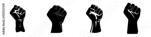A contemporary graphic silhouette of a protester's fist is depicted in isolation on a white background in a modern style