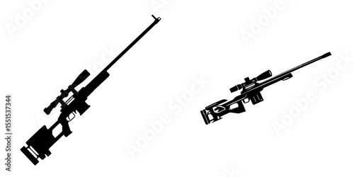 A contemporary depiction of a sniper rifle's silhouette is set against a white backdrop