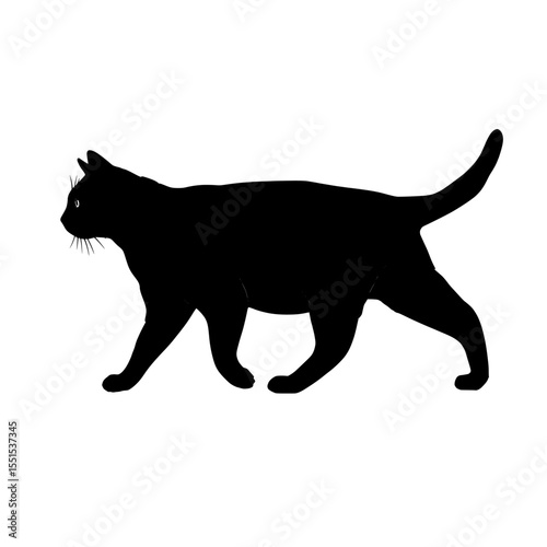 This modern flat style silhouette illustration of a realistic black cat walking is isolated on a white background and comes as a fully editable and scalable high-quality EPS file