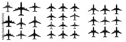 The set comprises 15 top-view silhouettes of commercial passenger airplanes, isolated on white, featuring the most famous airliners with precise dimensions