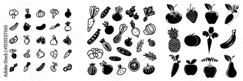 A vibrant and modern food set suitable for your design needs, featuring an adorable doodle illustration of vegetables and fruits on a white background