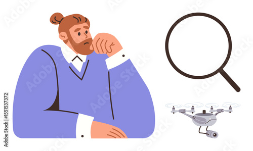 Man resting head on hand with contemplative expression, magnifying glass representing research, drone for technology and innovation. Ideal for problem-solving, innovation, analysis, strategy