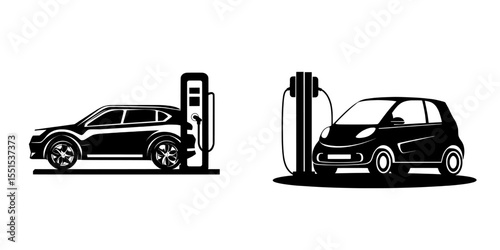 A futuristic electric SUV is parked at a charging station, connected via a plug-in cable, as depicted in a modern flat illustration on a white background, symbolizing the electrified transportation