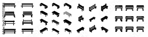 A set of modern bench icons in isometric style is available for web design, isolated on a white background