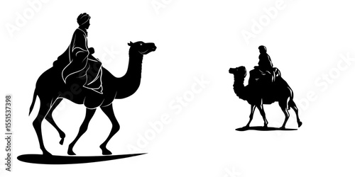 A modern camel rider's silhouette is isolated on a white background
