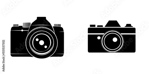 A modern set of black stencil icons for photography includes a photo camera silhouette and symbols for digital camera exposure, shutter speed, and aperture