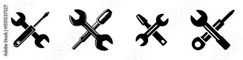 A wrench and screwdriver symbolize repair and service, depicted in a modern illustration isolated on a white background