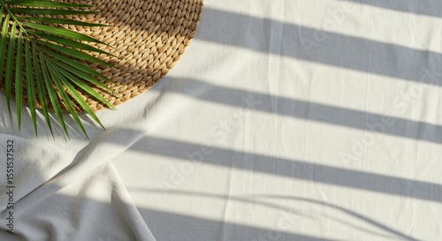 Palm leaves and rattan mat with shadows on white cloth