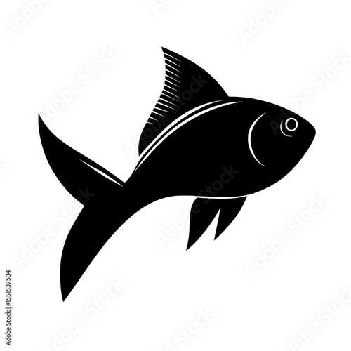The image features a modern flat black silhouette of a golden fish on a white background