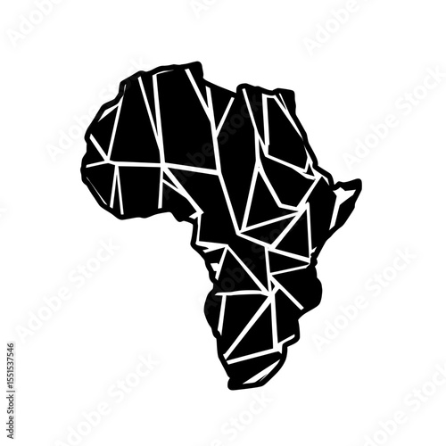 This modern isolated illustration icon presents Africa's map as a simplified blue silhouette, utilizing a geometric polygonal style that incorporates triangular shapes, with the entire design set on