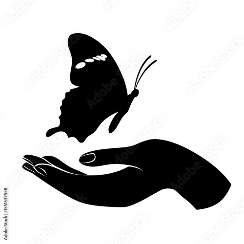 A contemporary outline of a butterfly in flight, emanating from a hand set against a white backdrop, serves as a representation of creatures, insects, flight, migration, human connection, and