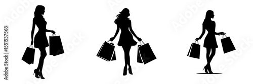 A modern silhouette of a woman is shown holding shopping bags, while another image depicts a modern shopping girl, both isolated on a white background as black icons, with one woman wearing high