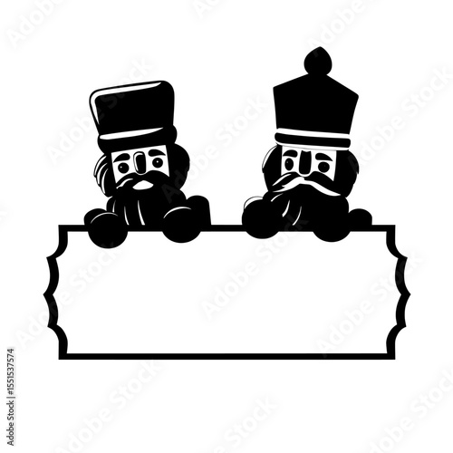 Two traditional German Christmas nutcrackers are shown looking behind a white billboard in a modern illustration set against a white background