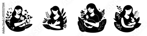 A young mother cradles her newborn baby, set against a natural backdrop of leaves, symbolizing motherhood, wellness, and family, in a modern flat illustration on a white background