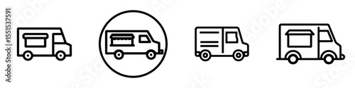 A simple illustration of a food truck icon is presented in a linear style with a thin stroke, isolated on a white background, suitable for various digital applications