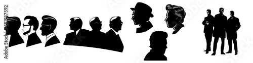 Three men are depicted in silhouettes, reminiscent of the retro style from the 1950s or 1960s, set against a white background
