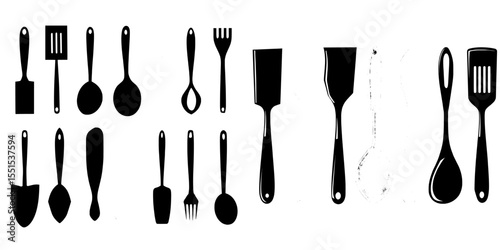 Modern designs have created colorful silhouette kitchen tool sets including a spade, ladle, knife, spoon, fork, spatula, and knead, which serve as icons for cooking and dining