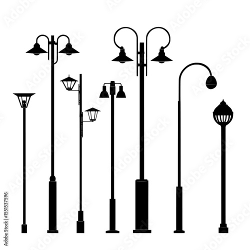 The set includes modern and vintage street lights in black silhouette, isolated on a white background, providing useful elements for constructing landscapes and illustrating various designs
