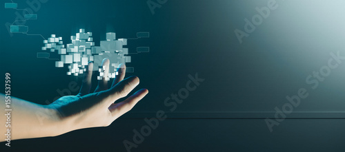 hand of businessman interactive touching a holographic of transaction financial network data system, concept of technology artificial intelligence with human user application