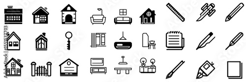 A set of modern interior design icons with a white background, created in a line style