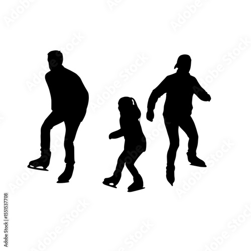 Ice skating brings together people of all ages, including children and adults, whose isolated silhouettes are set against a white background