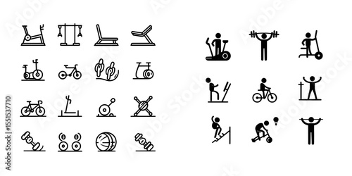 The set consists of modern illustrations of fitness exercise workout line icons