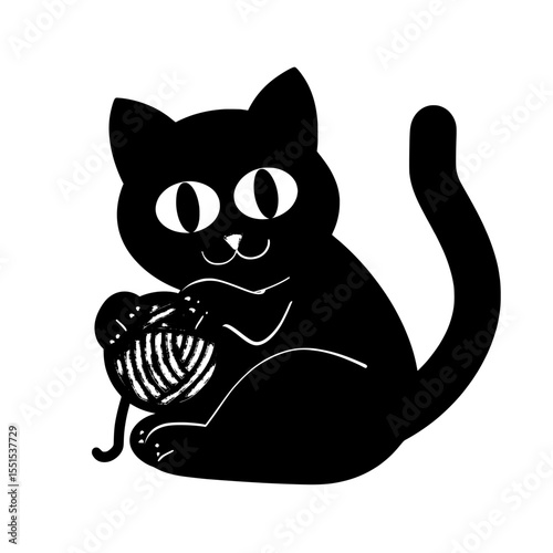 A set of cute adorable black cat is depicted playing with an orange ball of wool in a flat modern cartoon animal design illustration set against a white background