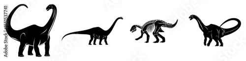 Plateosaurus, a Sauropodomorpha dinosaur, is depicted in a monochrome modern illustration as a silhouette of a prehistoric creature isolated on a white background in stencil form, representing a huge